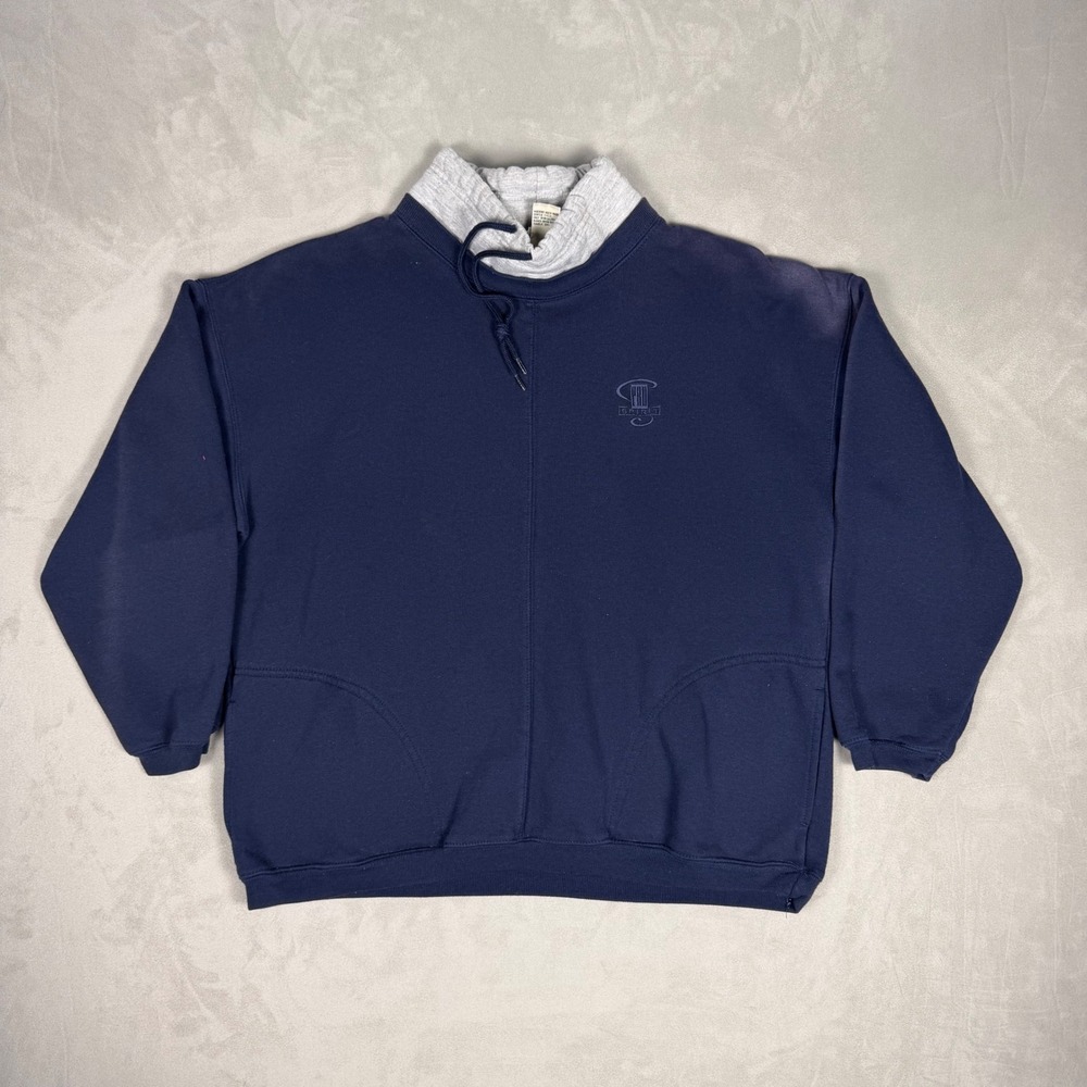 90s Mens Pro Spirit Double Collar Mock Neck Sweatshirt Navy Blue Medium